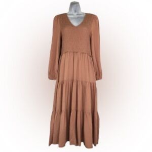 Bohme Smocked Milkmaid Tiered Midi Dress Women’s Size Small Tan Boho Prairie